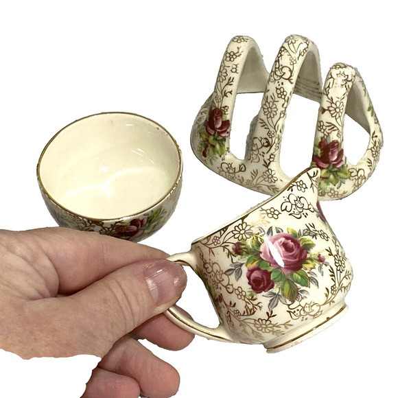 Vintage James Kent Chintz Longton Trellis June Roses Cream Sugar Toast Rack Set - Picture 6 of 9